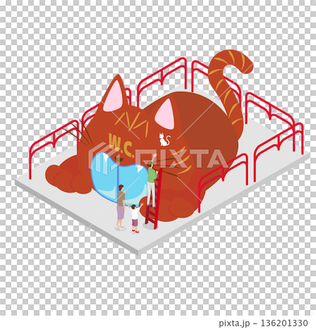 猫の形をしたユニークな公衆トイレ・パビリオンのアイソメトリックイラスト 136201330