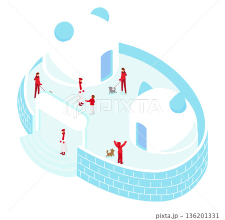 アイソメトリックな雪の街とイグルーのイラスト（冬・観光・氷のドーム） 136201331