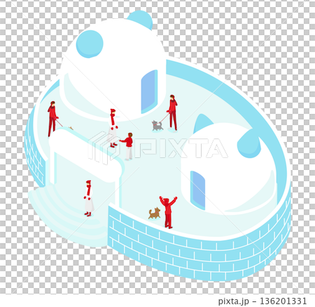 アイソメトリックな雪の街とイグルーのイラスト（冬・観光・氷のドーム） 136201331