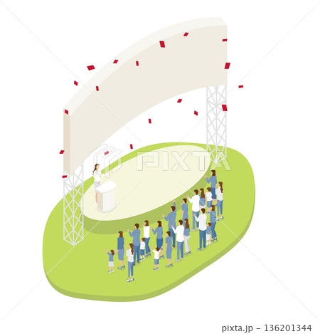 野外ステージでのスピーチと観衆が集まるイベントのアイソメトリックイラスト 野外ステージでのスピーチと観衆が集まるイベントのアイソメトリックイラスト 136201344