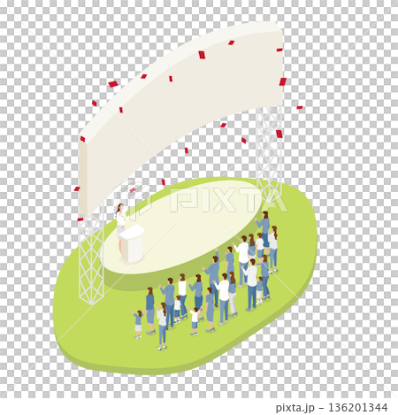野外ステージでのスピーチと観衆が集まるイベントのアイソメトリックイラスト 野外ステージでのスピーチと観衆が集まるイベントのアイソメトリックイラスト 136201344