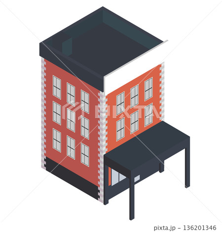 赤レンガ調のモダンなオフィスビル・中層マンションのアイソメトリックイラスト 136201346