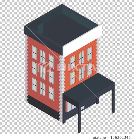 赤レンガ調のモダンなオフィスビル・中層マンションのアイソメトリックイラスト 136201346