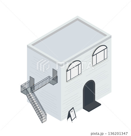 アイソメトリックな白い外壁のカフェのイラスト（店舗・外階段・モダン） 136201347