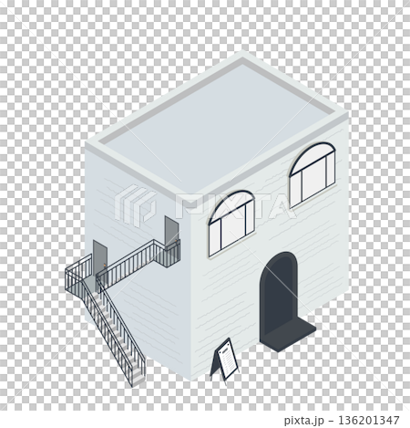 アイソメトリックな白い外壁のカフェのイラスト（店舗・外階段・モダン） 136201347