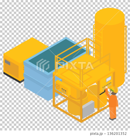 Isometric illustration of a worker operating a control panel in a factory plant Isometric illustration of a worker operating a control panel in a factory plant 136201352