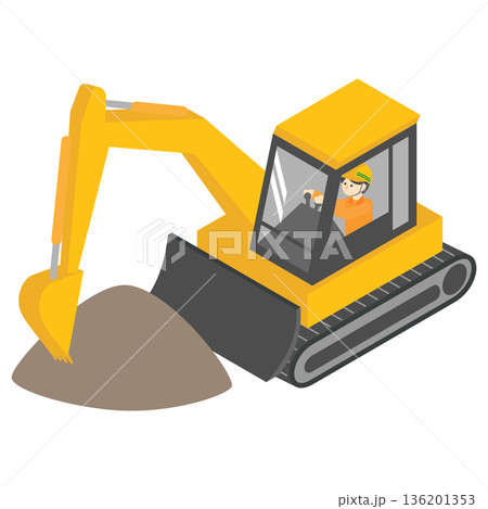 ショベルカーで土砂を掘削する作業員と建設重機のアイソメトリックイラスト ショベルカーで土砂を掘削する作業員と建設重機のアイソメトリックイラスト 136201353