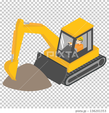 等距插圖，描繪了工人和建築重型機械用挖土機挖土的場景。 136201353