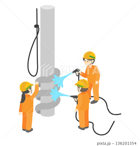 配管の補修や高圧洗浄作業を行う建設作業員たちのアイソメトリックイラスト 136201354