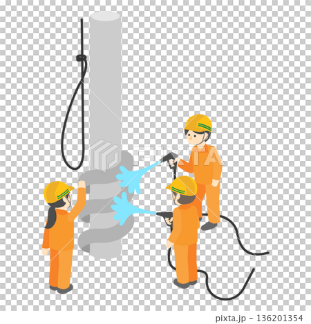 配管の補修や高圧洗浄作業を行う建設作業員たちのアイソメトリックイラスト 136201354