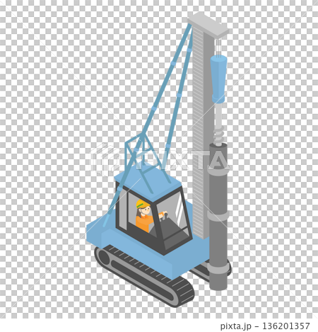 Isometric illustration of earth drill excavator and female operator for foundation construction Isometric illustration of earth drill excavator and female operator for foundation construction 136201357