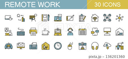 リモートワークや在宅勤務に関するアイコンセット　カラー 136201360