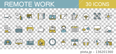 リモートワークや在宅勤務に関するアイコンセット　カラー 136201360