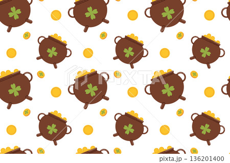 Seamless festive St. Patrick's Day pattern featuring a pot of gold. Symbols of good luck for this Irish holiday include shamrocks, rainbows, gold coins. Flat illustration 136201400