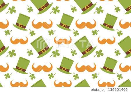 Seamless festive St. Patrick's Day pattern with a green hat and shamrocks. Symbols of good luck for this Irish holiday include shamrocks, rainbows, gold coins. Flat illustration 136201403