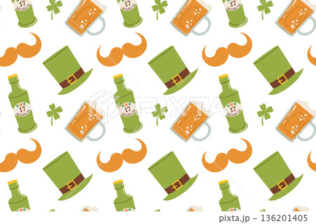 Seamless festive St. Patrick's Day pattern featuring a green hat, shamrocks, and a bottled drink. Symbols of good luck for this Irish holiday include shamrocks, rainbows, gold coins. Flat illustration 136201405