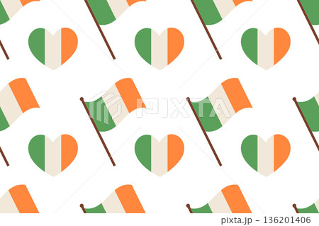 Seamless festive pattern with Irish flags and a heart in the flag's colors. Simple flat illustration. Seamless festive pattern with Irish flags and a heart in the flag's colors. Simple flat illustration. 136201406