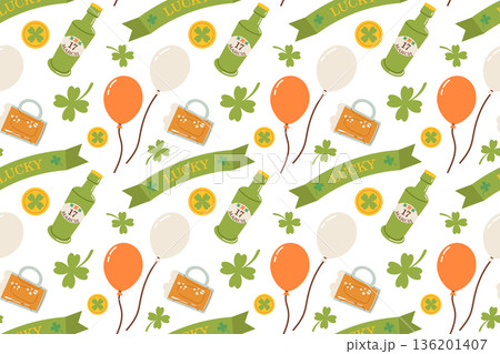 Seamless festive St. Patrick's Day pattern with balloons, shamrocks, and garlands. Symbols of good luck for this Irish holiday include shamrocks, rainbows, gold coins. Flat illustration 136201407