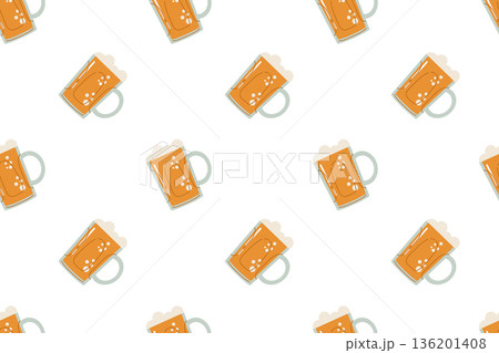 Seamless festive St. Patrick's Day pattern featuring a mug of drink. Symbols of good luck for this Irish holiday include shamrocks, rainbows, gold coins. Flat illustration 136201408