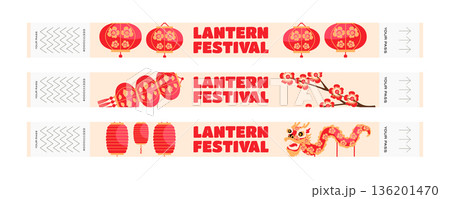 Entry pass wristband set for Chinese Lantern Festival with lanterns, dragon and plum blossom 136201470