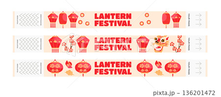 Set of entry pass wristbands for Chinese Lantern Festival with Chinese lanterns, coins, money, dragon, headwear, clouds and plum blossom meihua Set of entry pass wristbands for Chinese Lantern Festival with Chinese lanterns, coins, money, dragon, headwear, clouds and plum blossom meihua 136201472