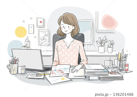 会議資料を準備する女性｜書類整理とオフィス業務のイメージイラスト 136201486