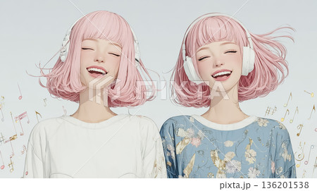 絵美シリーズ：音楽を楽しむ双子の少女：ピンクのボブと笑顔のヘッドフォン女子・爽やかなミュージックイラ 136201538