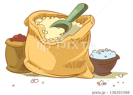 A bag of salt is sitting on a table next to a bowl of salt 136201566