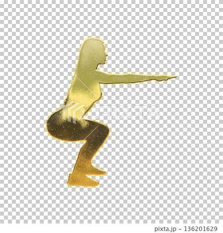 Golden woman doing squats with arms outstretched, Alpha channel 136201629