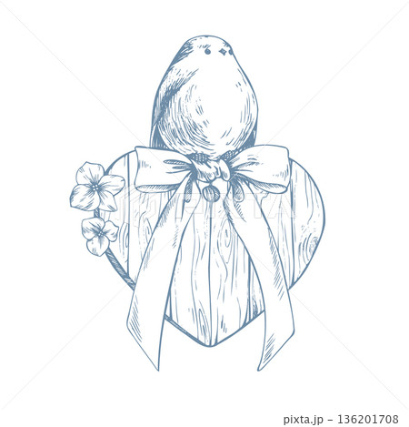 A bird perched on a wooden heart decorated with a bow and cute flowers. A hand-drawn monochrome ink illustration in line art style. An elegant composition with a titmouse for postcards. A bird perched on a wooden heart decorated with a bow and cute flowers. A hand-drawn monochrome ink illustration in line art style. An elegant composition with a titmouse for postcards. 136201708