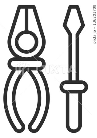 A pair of pliers and a wrench are shown in a black and white drawing A pair of pliers and a wrench are shown in a black and white drawing 136201709