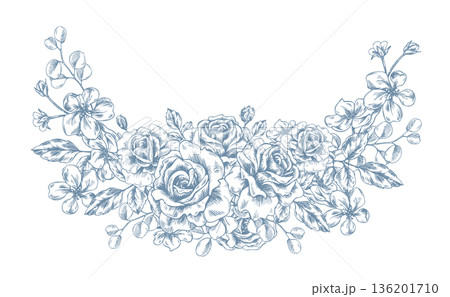 A large half-wreath bouquet of roses, apple blossoms, and eucalyptus branches. A hand-drawn monochrome ink illustration in line art style. A floral arrangement perfect for spring holidays and weddings A large half-wreath bouquet of roses, apple blossoms, and eucalyptus branches. A hand-drawn monochrome ink illustration in line art style. A floral arrangement perfect for spring holidays and weddings 136201710