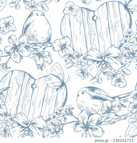 Birds and butterflies among flowers, bows and wooden hearts. Hand-drawn ink graphic illustration, monochrome line art style. Seamless pattern for spring holidays and weddings. 136201715