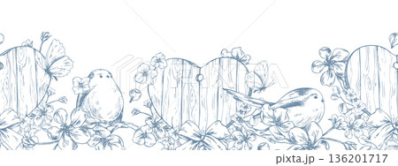Birds and butterflies among flowers and wooden hearts. Hand-drawn ink graphic illustration, monochrome line art style. Seamless border pattern for spring holidays and weddings. 136201717