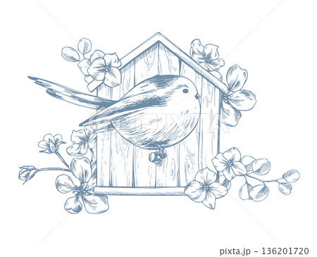 A bird on a birdhouse decorated with apple blossoms and hydrangea. A hand-drawn monochrome ink illustration in line art style. A composition for spring holidays and weddings. 136201720