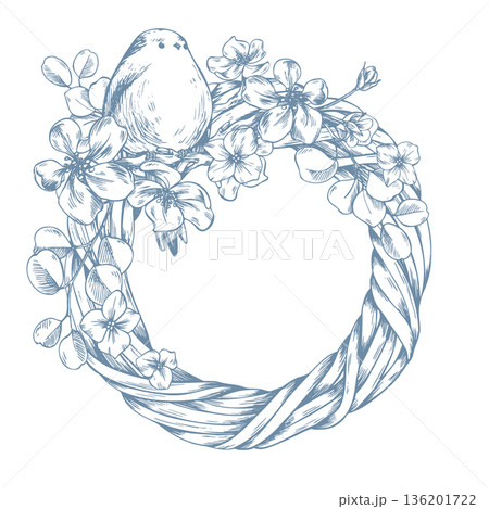 A bird perched on a wicker wreath with apple blossom branches. Hand-drawn ink graphic illustration, monochrome, line art style. Round frame, template for holiday and wedding text design. A bird perched on a wicker wreath with apple blossom branches. Hand-drawn ink graphic illustration, monochrome, line art style. Round frame, template for holiday and wedding text design. 136201722