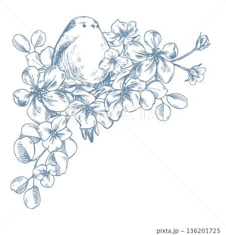 A bird perched on the branches of a blossoming apple tree. A titmouse in a bouquet of flowers. A hand-drawn graphic illustration in ink, monochrome, in line art style. For spring holiday designs. A bird perched on the branches of a blossoming apple tree. A titmouse in a bouquet of flowers. A hand-drawn graphic illustration in ink, monochrome, in line art style. For spring holiday designs. 136201725