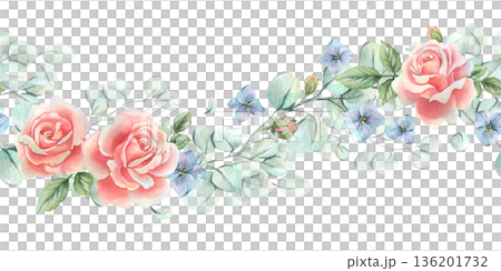 A floral garland of eucalyptus branches with roses and forget-me-nots in soft pastel shades. Hand-painted watercolor illustration. A seamless wave border pattern for spring holiday and wedding designs A floral garland of eucalyptus branches with roses and forget-me-nots in soft pastel shades. Hand-painted watercolor illustration. A seamless wave border pattern for spring holiday and wedding designs 136201732