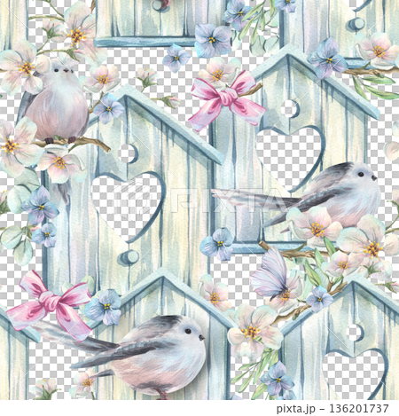 A seamless watercolor pattern with cute birds, birdhouses, delicate flowers, and pink bows for a spring holiday decor. A spring background for a Mother's Day greeting card. Hand-drawn illustration. A seamless watercolor pattern with cute birds, birdhouses, delicate flowers, and pink bows for a spring holiday decor. A spring background for a Mother's Day greeting card. Hand-drawn illustration. 136201737