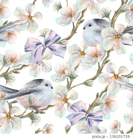 A seamless watercolor pattern with spring apple blossoms, a cute titmouse, a purple bow. A delicate floral design perfect for Easter, Mother's, Valentine's Day, and weddings. Hand-drawn illustration. 136201739