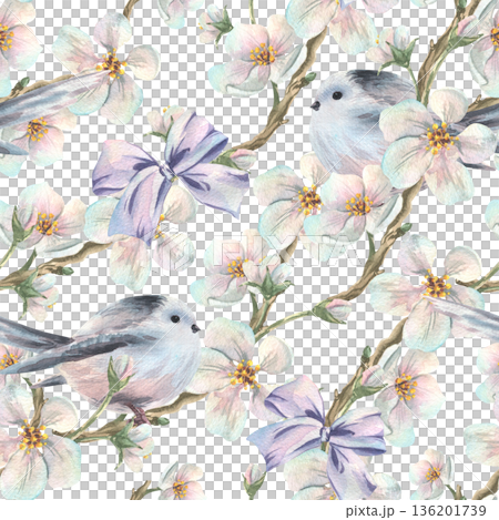 A seamless watercolor pattern with spring apple blossoms, a cute titmouse, a purple bow. A delicate floral design perfect for Easter, Mother's, Valentine's Day, and weddings. Hand-drawn illustration. 136201739