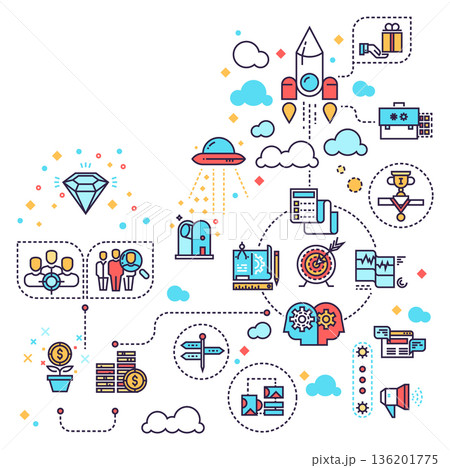 A colorful graphic of a rocket ship with a diamond and a star on it 136201775