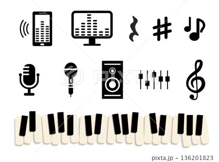 music. microphone. speaker. headphone. telephone. melody. record. musical notes, blue on white background. Signs of musical notation. 136201823