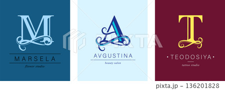 Logo M, capital letter A, T. Monogram of Botanical Minimalistic, Initial. with Organic Plant Elements. 136201828