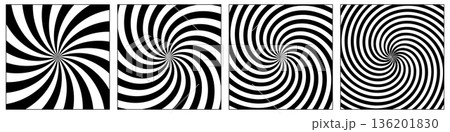 Black and white spiral illusion background. Circus backdrop. Abstract hypnotic radial patterns with optical distortion and twisted vortex effect. Dynamic graphic vector illustrations set 136201830