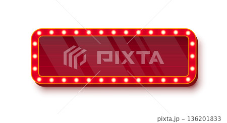 Retro casino light sign with red glass surface and golden bulbs around edges on white background. Circus, cinema, theater banner with place for text. UI interface element. Vector illustration 136201833