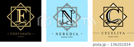 Logo F, N, capital letter C. Monogram of Botanical in two squares. with Organic Plant Elements. Vector design. 136201834