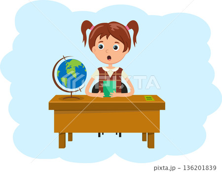 The geography girl thinks and answers. And she has an idea. Geography girl looking at the question. Vector illustration in a flat style. 136201839