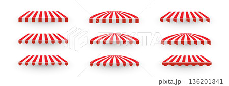Red and white striped awning set. Collection of different shop canopies. Storefront sunshade elements for market stalls, cafes, outdoor shops. Realistic vector illustrations Red and white striped awning set. Collection of different shop canopies. Storefront sunshade elements for market stalls, cafes, outdoor shops. Realistic vector illustrations 136201841
