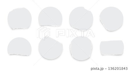 Torn paper circles with rough ripped edges isolated on transparent background. Document mockup, newspaper cutout, scrapbooking elements, labels, stickers. Realistic vector illustration set 136201843